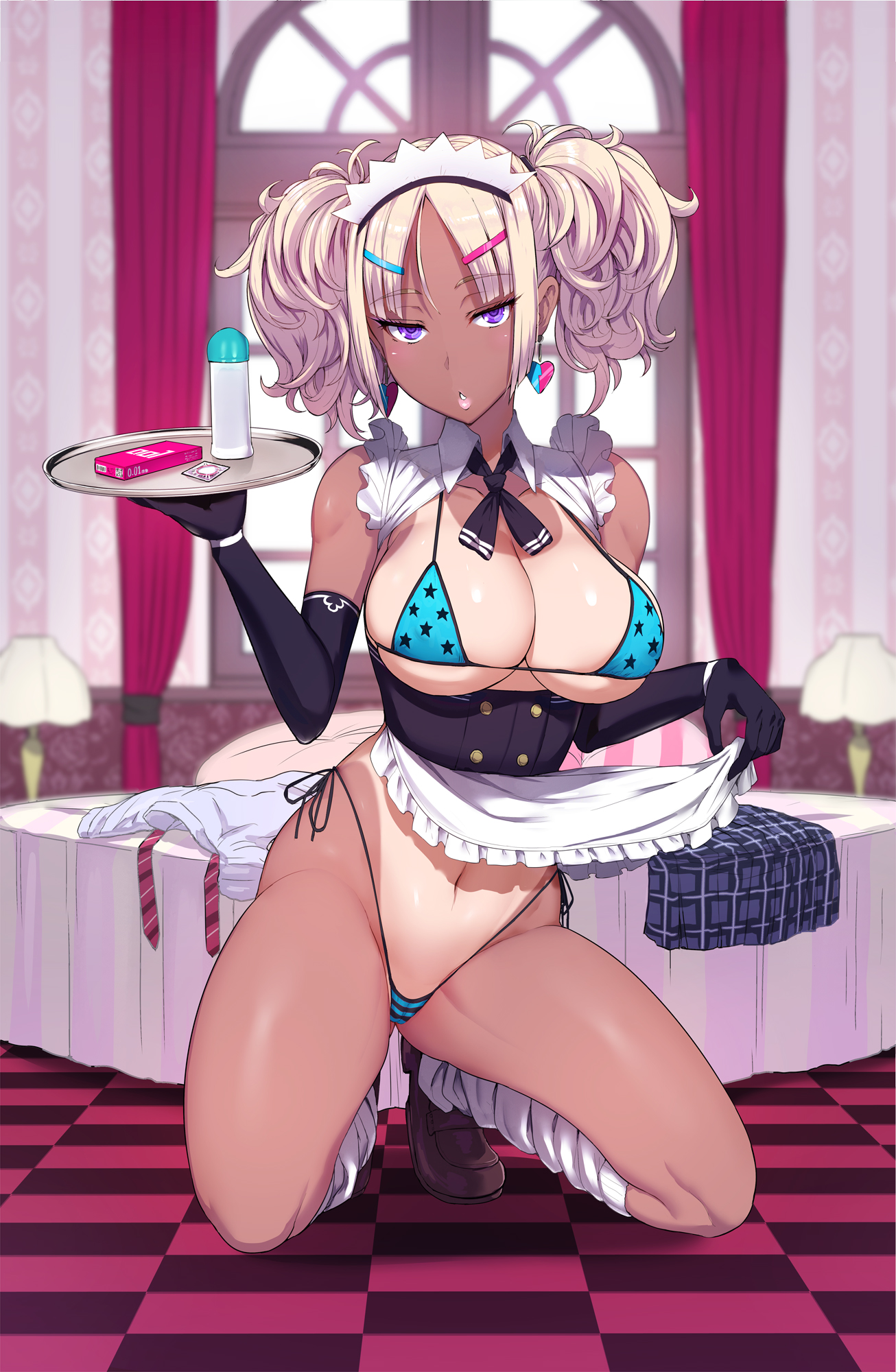 Yume the maid kneels on a pink checkerboard floor.  She's wearing the loafers and baggy socks of a gyaru, alongside a blue micro bikini decorated with black stars and a few maid accoutrements, including a headband, collar, gloves, and apron.  Her skimpy outfit reveals much of her one-piece-shaped tan lines.  Her expression is decidedly apathetic.